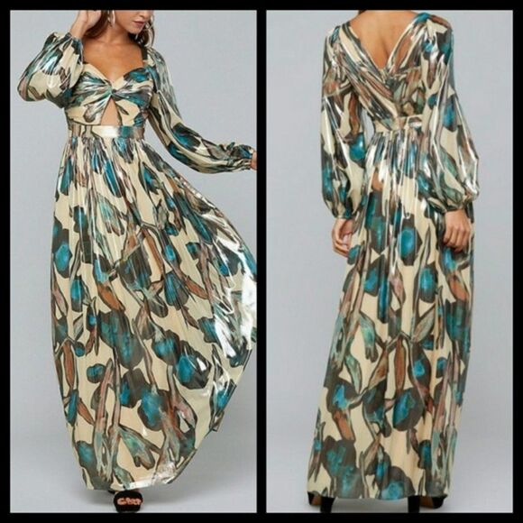 Bebe Print Lame Long Sleeve Twist Front Dress Gown 4 NWT - Picture 1 of 8